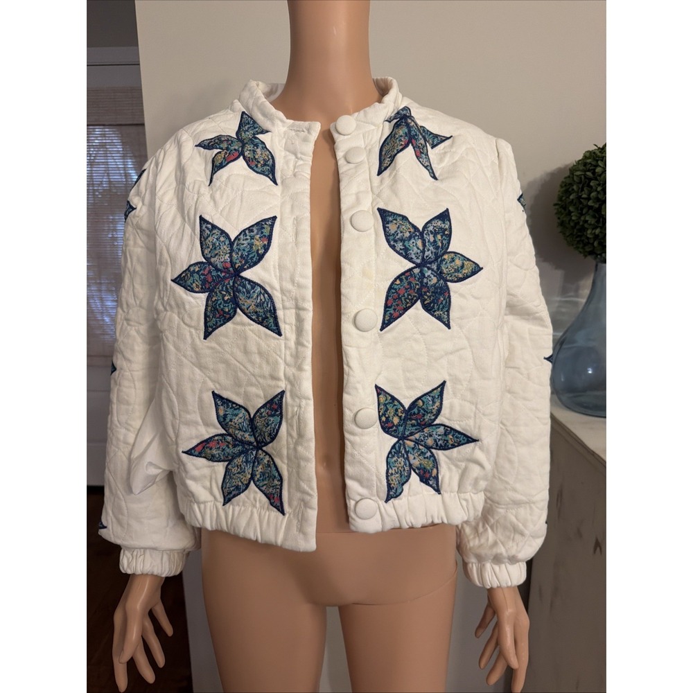 Quilted Star Flower Quilted White Jacket/coat Cotton Size S Prairie Cottagecore